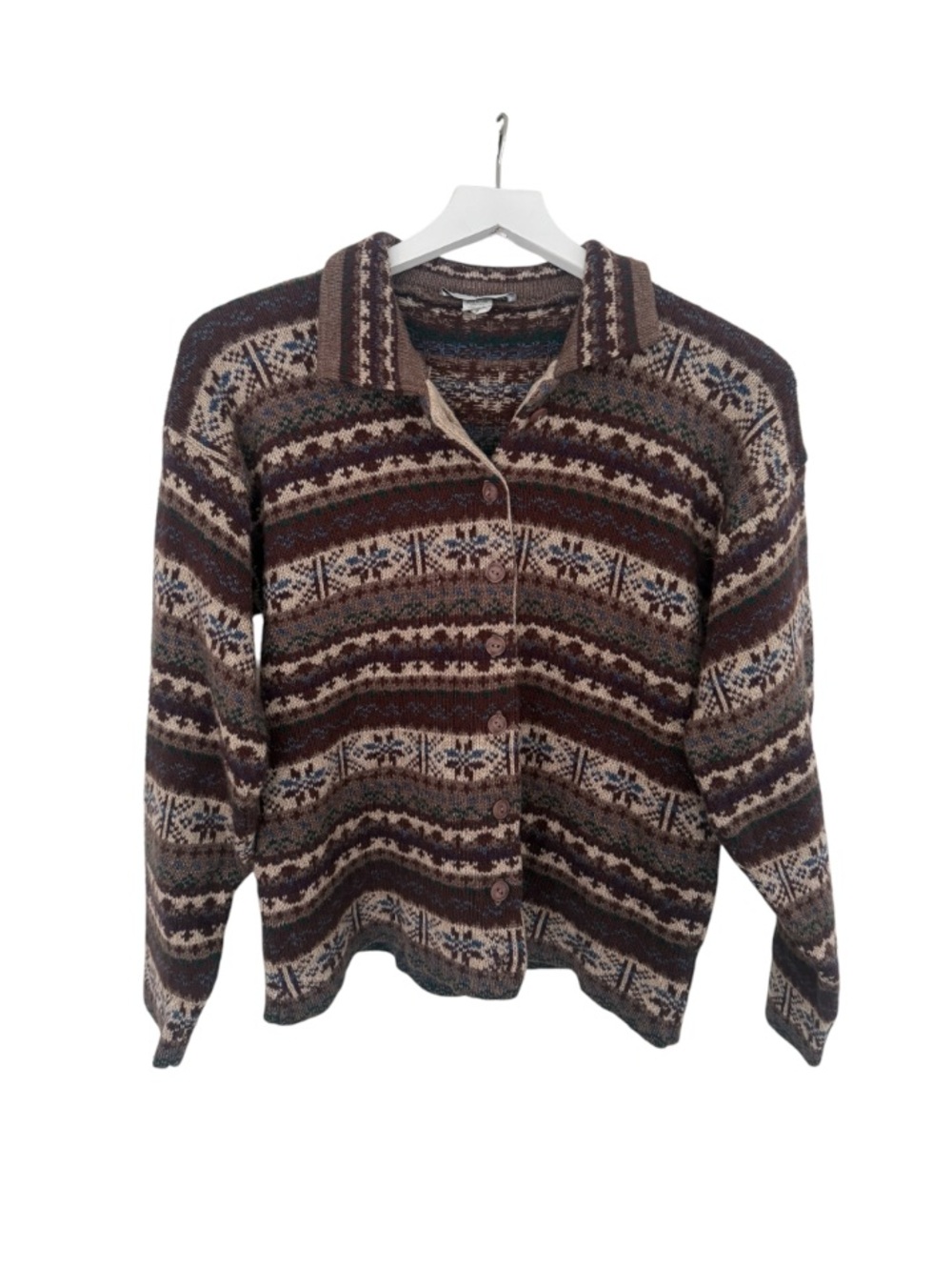 Vintage Kathy Ireland Brown Cream Fair Isle Chunky Cardigan Sweater Size Medium